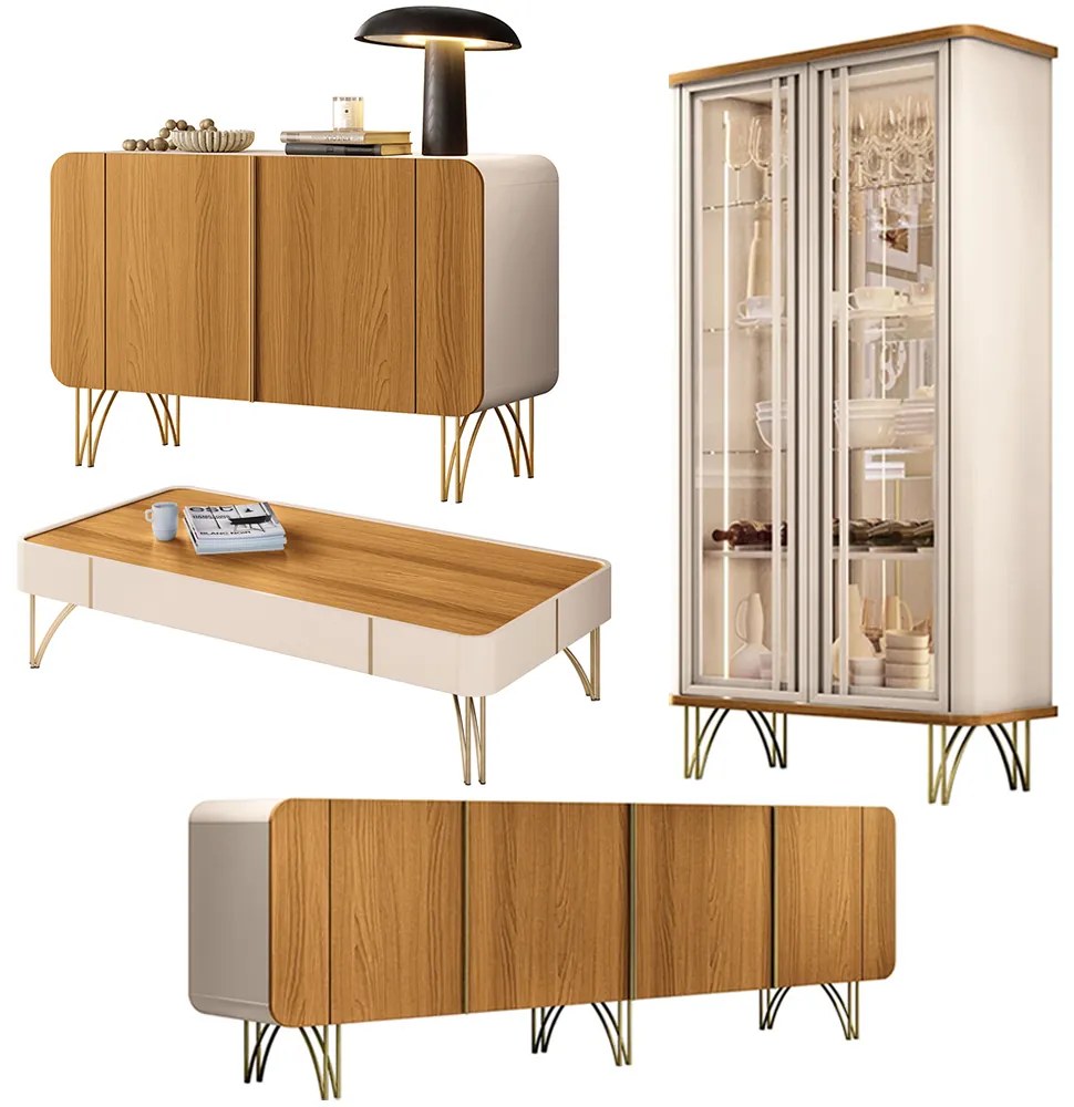 Conjunto 1 Cristaleira 2 Buffets e 1 Mesa de Centro Texas/Virginia/Bambino/Rennes Off White/Cinamomo G26 - Gran Belo