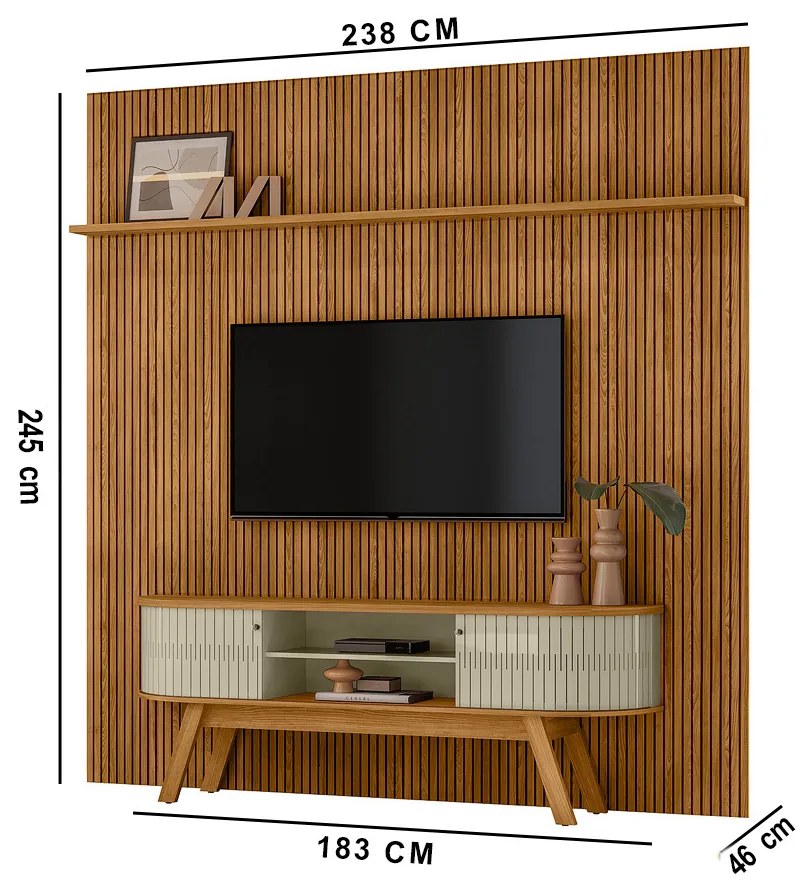 Painel TV 75 Pol 238cm Ripado Kalven com Rack Bancada Enzari Cumaru/Opala M20 - D'Rossi