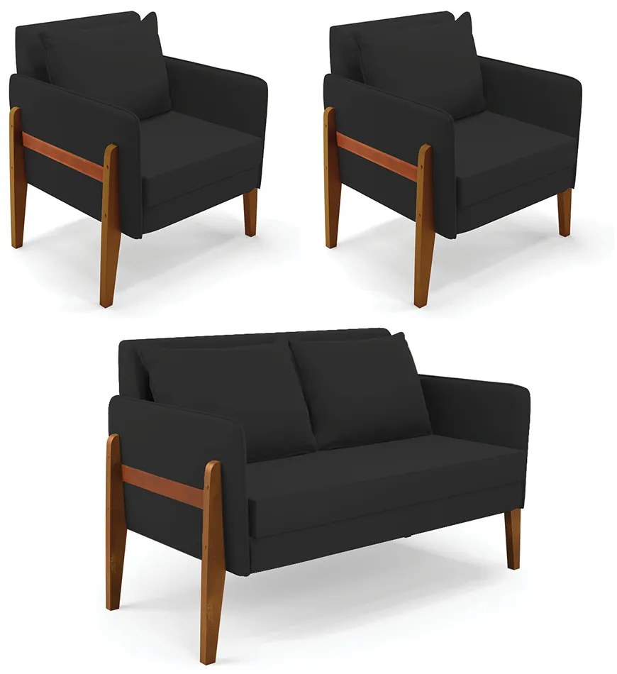 Kit 1 Sofá Namoradeira e 2 Poltronas Lana Veludo Preto Base de Madeira