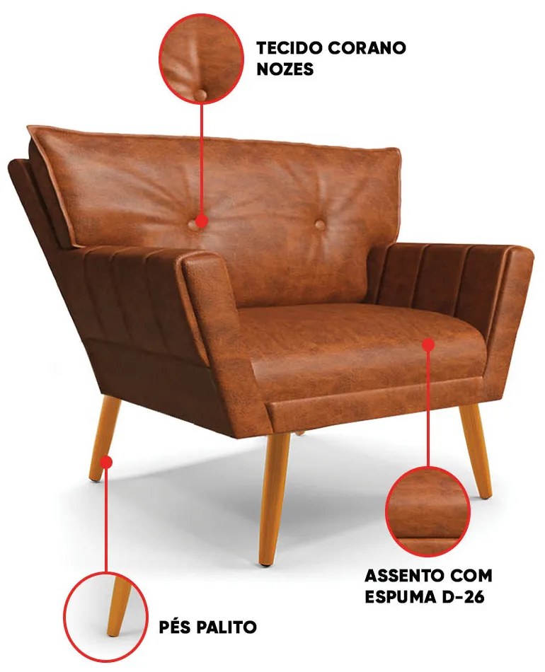 Sofá Namoradeira e 2 Poltronas Pé Palito Madeira Anitta Sintético PU Nozes D03 - D'Rossi