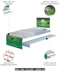 Cama Solteiro Infantil Com Auxiliar 188x88cm Futebol K06 - Mpozenato
