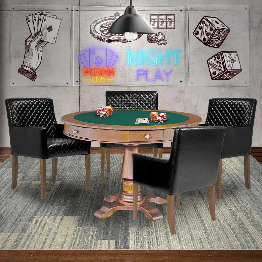 Mesa de Jogos Carteado Victoria Redonda Tampo Reversível Amêndoa com Kit 4 Cadeiras Liverpool PU Sintético Preto Matelassê G36 G15 - Gran Belo