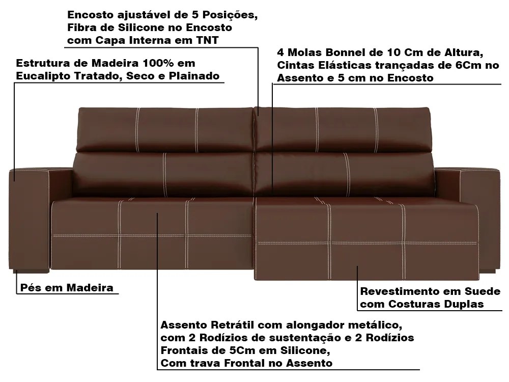 Sofá Retrátil 264cm Nero Couro Marrom - Gran Belo
