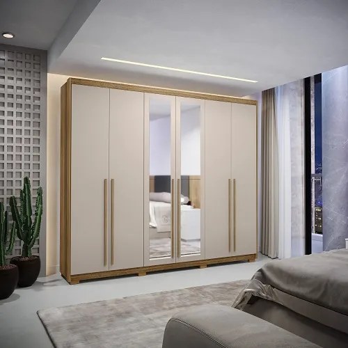 Guarda Roupa Com Espelho Dubai Majestic 6 Portas e 3 Gavetas Nature/Fendi - Vila Rica Móveis