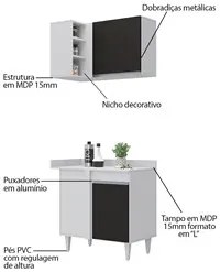 Balcão 1 Porta Denver e Armário Aéreo Austin de Canto Branco/Preto - L