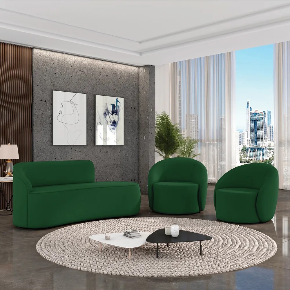 Sofá 2 Lugares Orgânico 140cm Morgan e 2 Poltronas Lua Suede D03 - D'Rossi - Verde