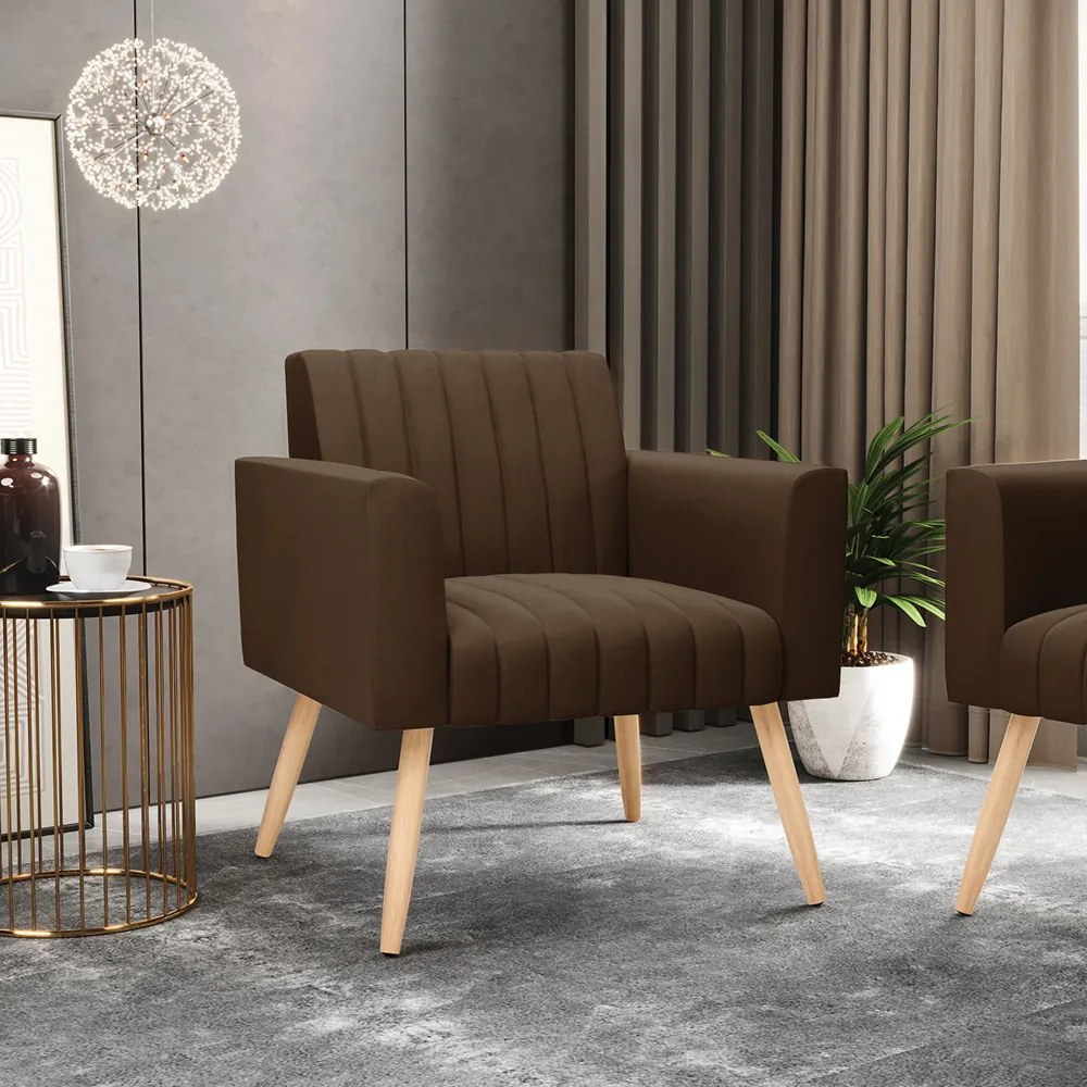 Poltrona Viena Gomada Suede Pés Palito Natural - D'Rossi - Marrom