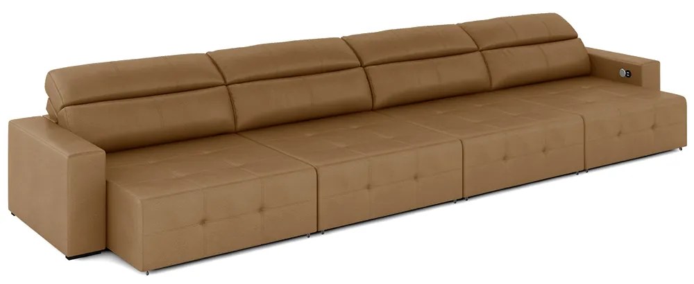 Sofá Retrátil 6 Lugares 364cm 4 Módulos Nero com USB Couro Caramelo G52 - Gran Belo