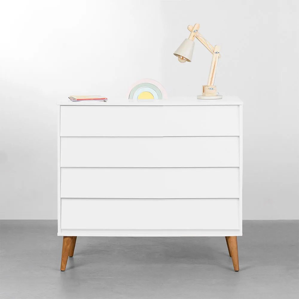 Cômoda Noah 4 Gavetas com Pés Retrô Mel - Branco Fosco