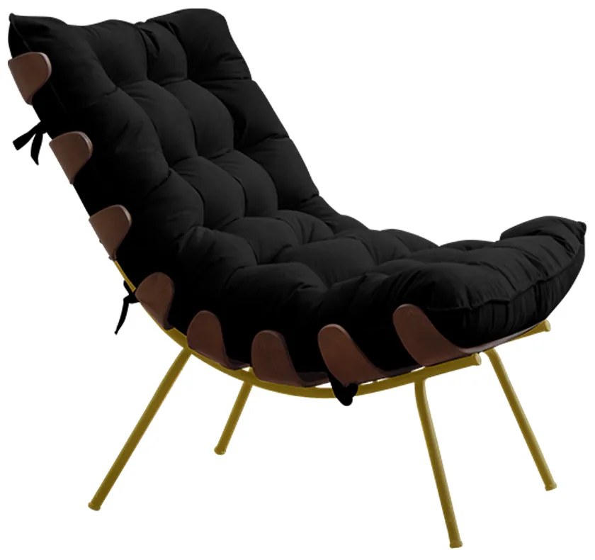 Poltrona Decorativa Sala de Estar Abel Base de Madeira Dourada Veludo Preto G41 - Gran Belo