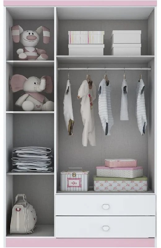 Roupeiro Infantil Bala de Menta 3 Portas 2 Gavetas - Branco/Rosa
