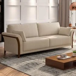 Sofá Living 3 Lugares 222cm Pés Madeira Roya Z32 Linho Champanhe - Mpo