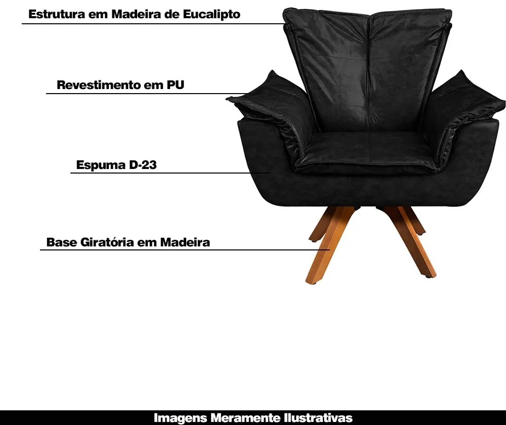 Kit 2 Poltronas Decorativas Base Giratória em Madeira Charger PU Preto G19 - Gran Belo