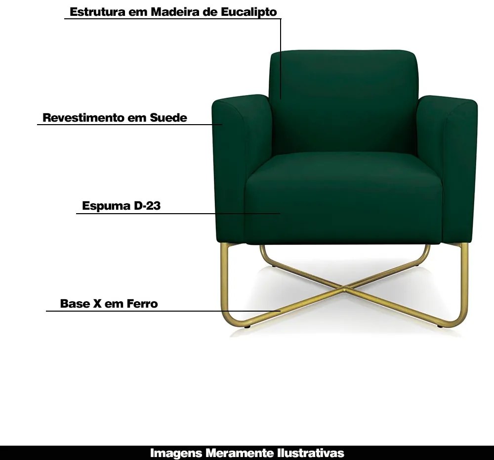 Kit 2 Poltronas Decorativas Isabella Base X Suede Verde/Dourado G19 - Gran Belo