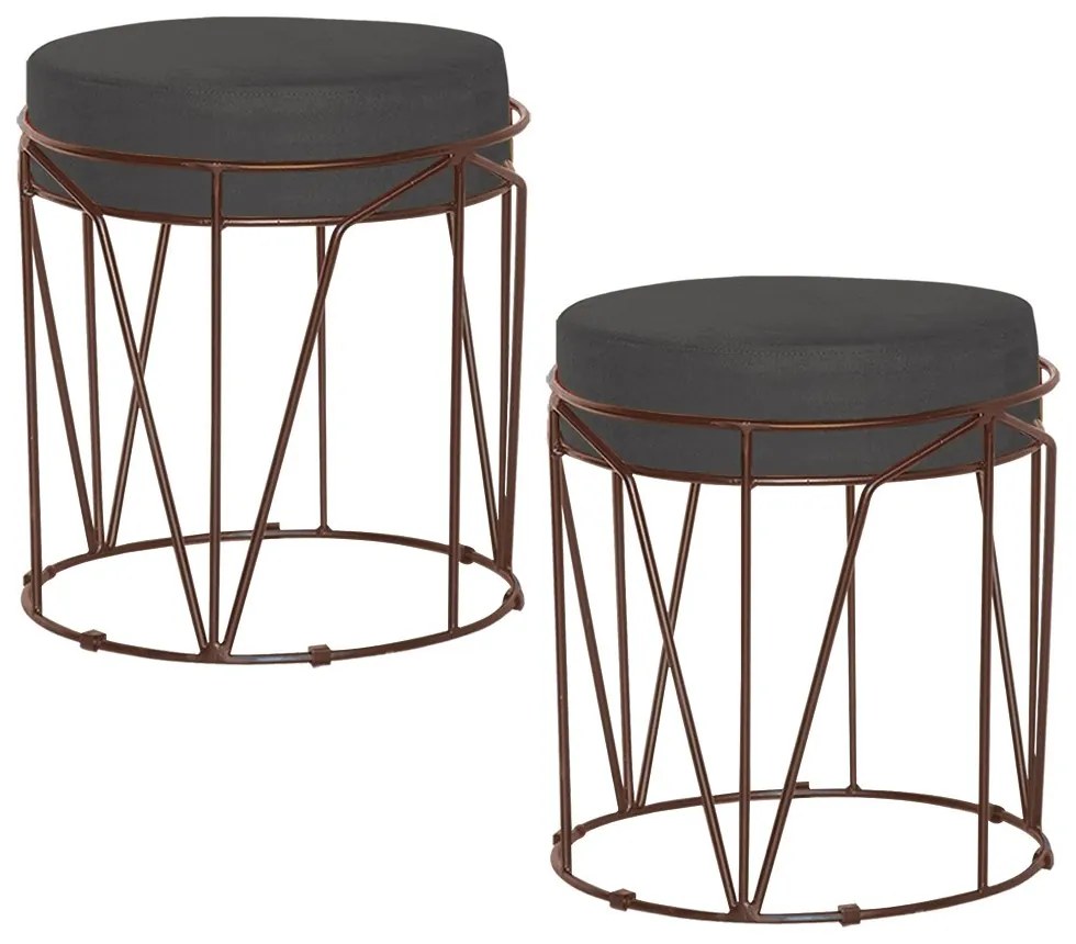 Kit 2 Puffs Decorativo Sala de Estar Base Bronze Chloe Suede Cinza G41 - Gran Belo