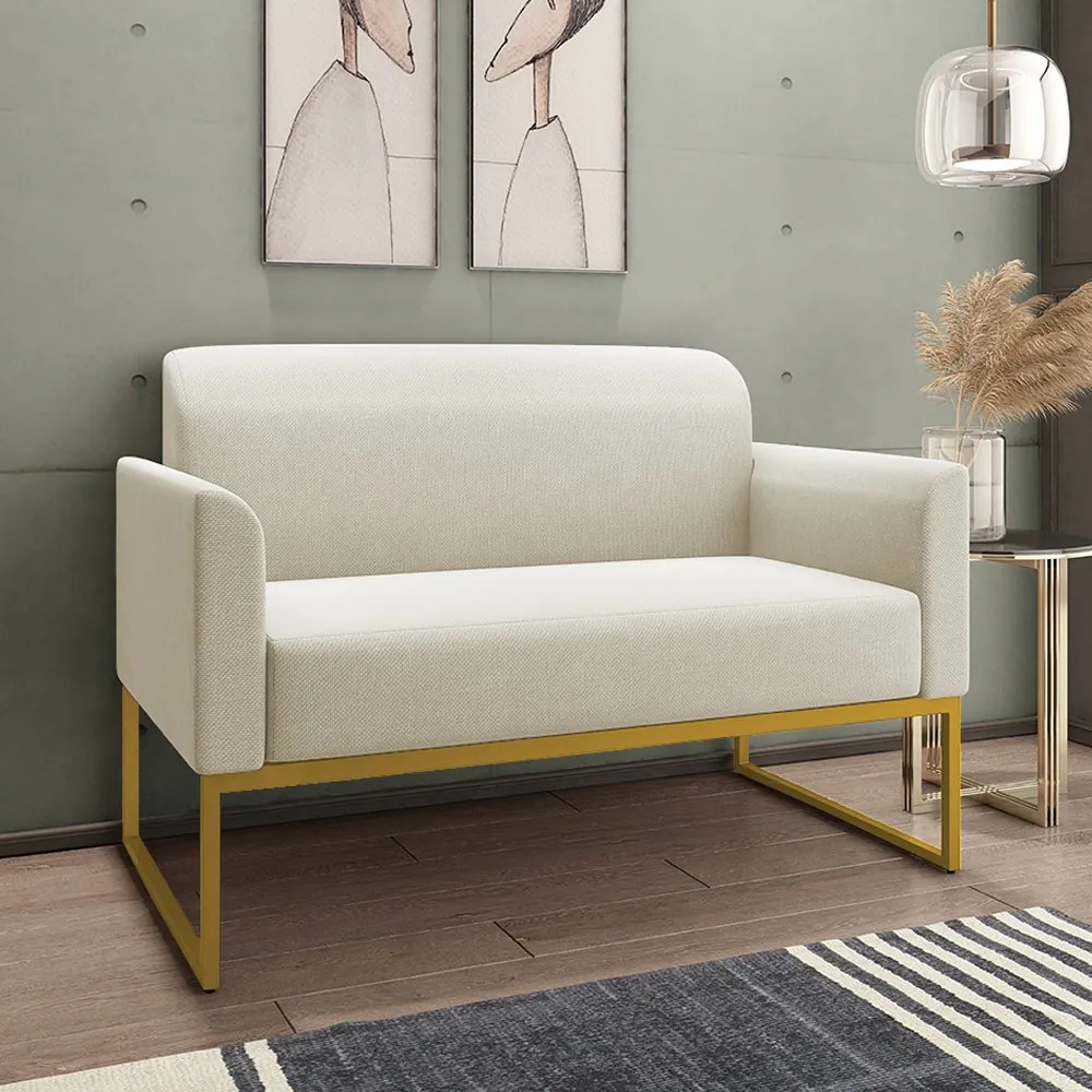 Poltrona Namoradeira Decorativa Isabella Base Industrial Linho Bege/Dourado G19 - Gran Belo