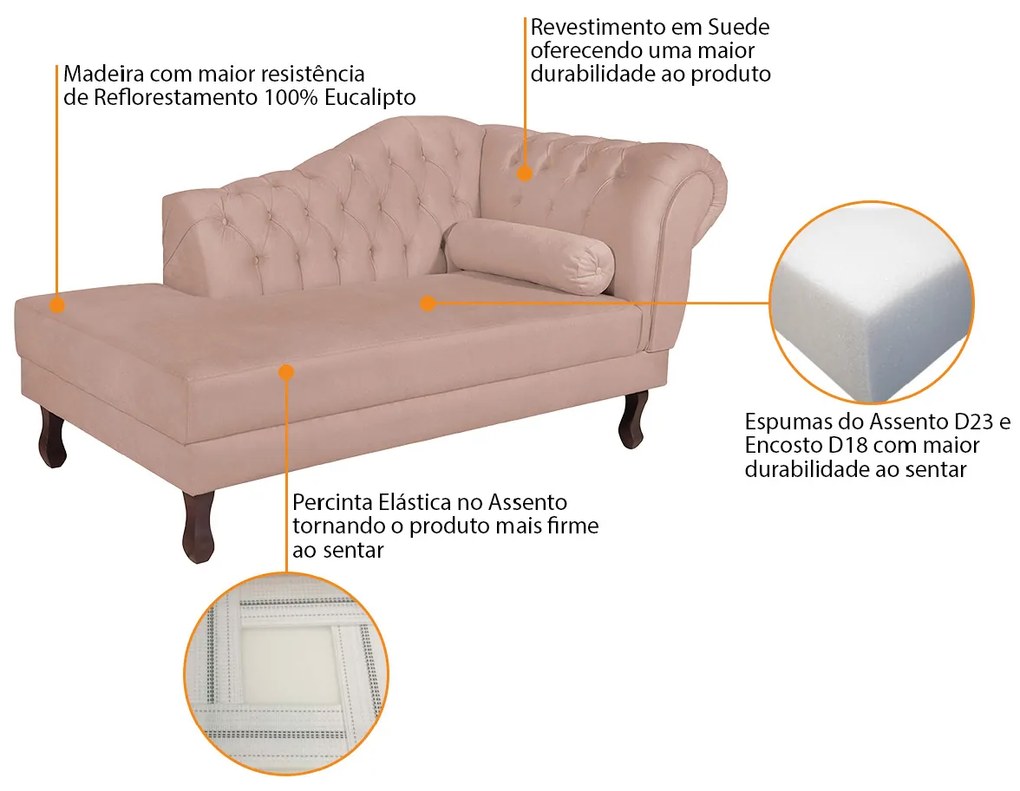 Recamier Diana 185cm Lado Esquerdo Suede Rosê - ADJ Decor