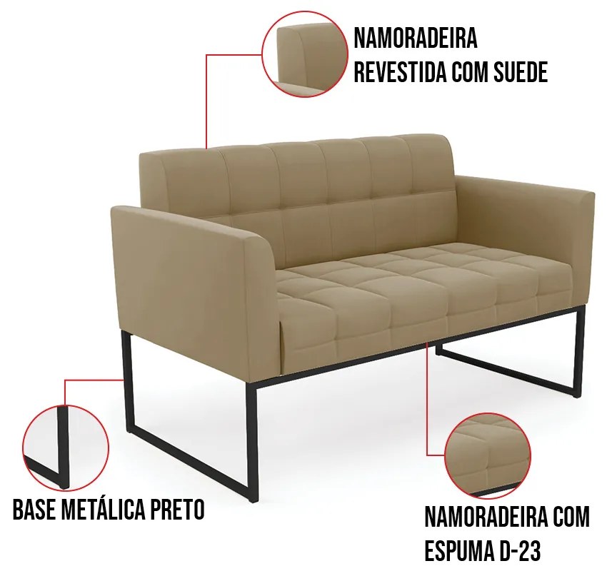 Kit 1 Sofá Namoradeira e 2 Poltronas Elisa Suede Base Metálica Industrial Preto D03 - D'Rossi - Marrom Rato