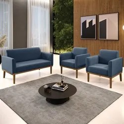 Sofá Namoradeira e 2 Poltronas Base Madeira Castanho Maressa Suede Azu