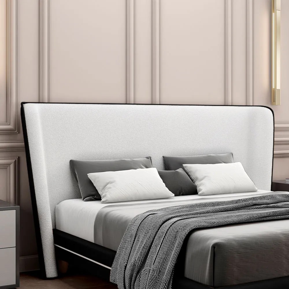 Cabeceira Design para Cama de Casal Torres Pés em Madeira PU/Bouclê Preto/Off White G91 - Gran Belo
