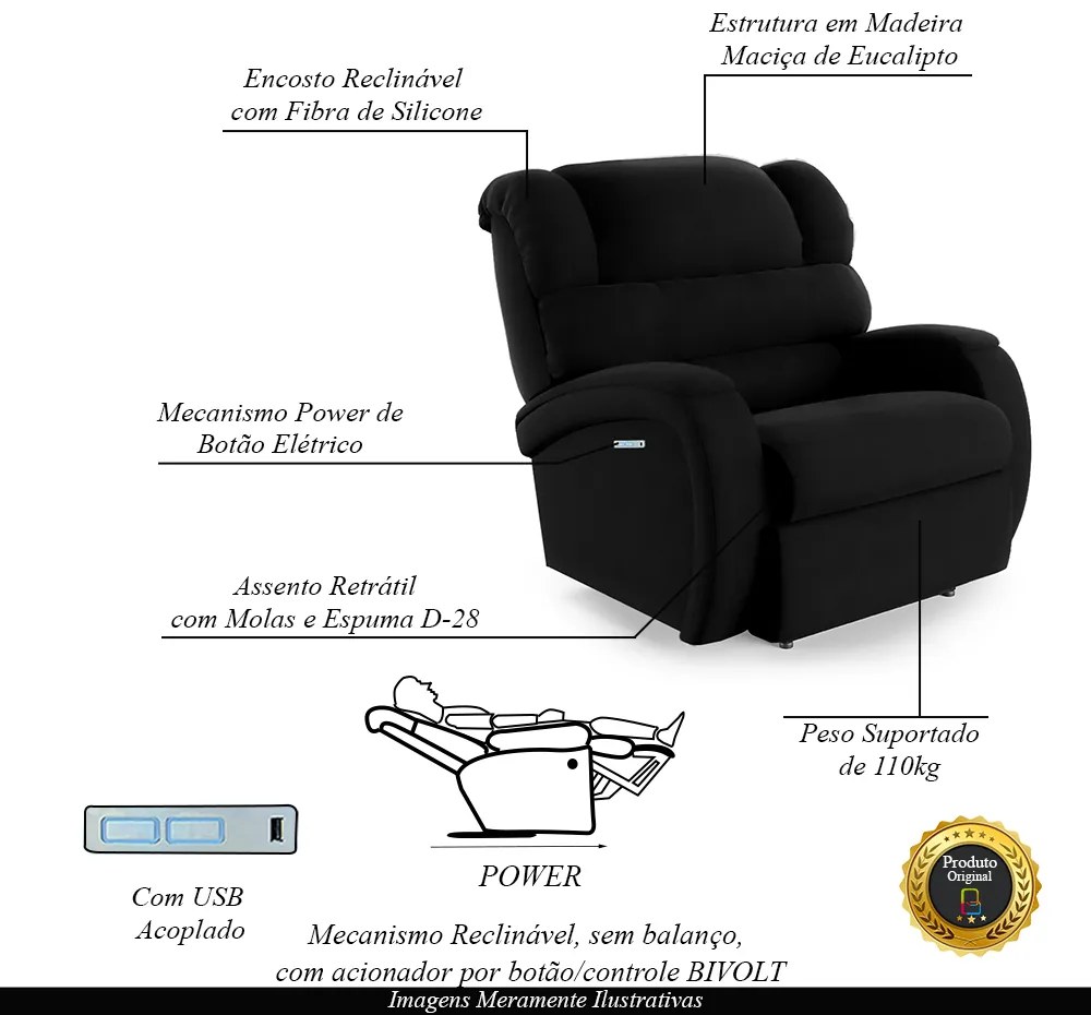 Poltrona do Papai Sala de Cinema Reclinável Kylie Elétrica Botão com Led USB Veludo Preto G23