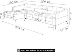Sofá 4 Lugares 306cm Com Chaise Esquerdo Eko Couro Verde Z55 - Mpozena