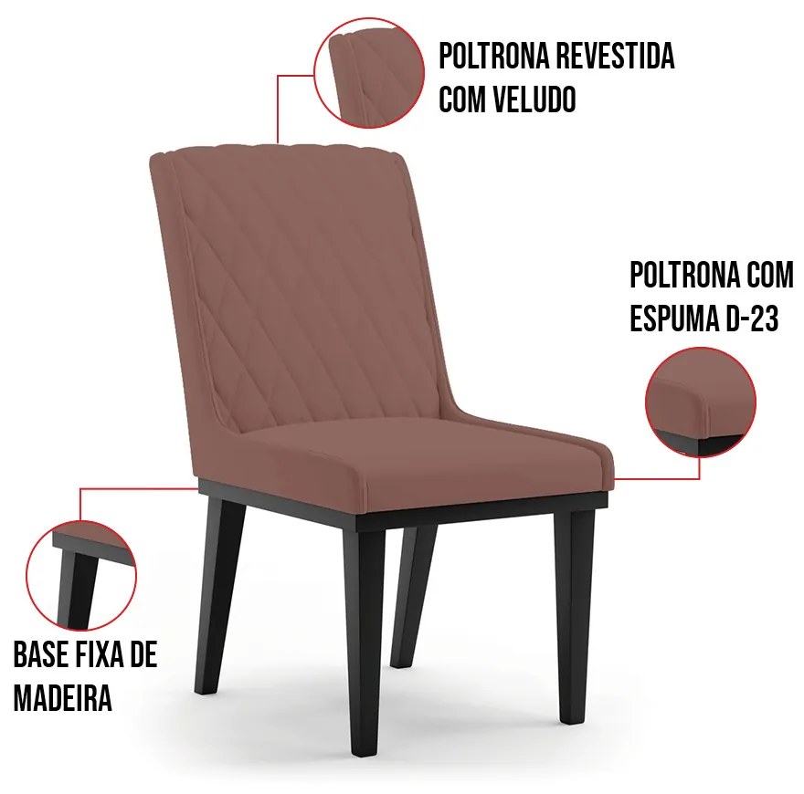 Cadeira Sala de Jantar Base Madeira Preto Kit 4 Sofia Veludo D03 - D'Rossi - Rose