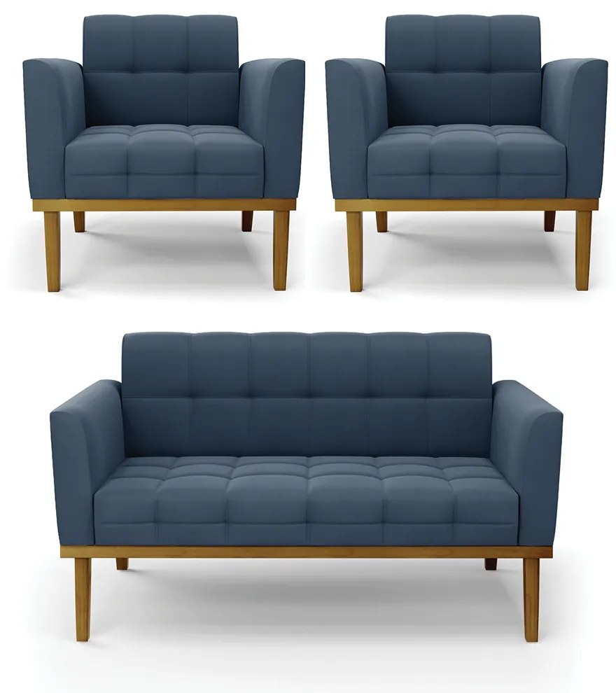 Namoradeira com 2 Poltronas Base de Madeira Castanho Elisa Suede D03 - D'Rossi - Azul Marinho