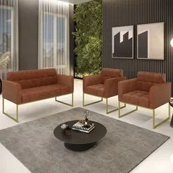 Sofá Namoradeira e 2 Poltronas Base Industrial Dourado Ana Sintético P