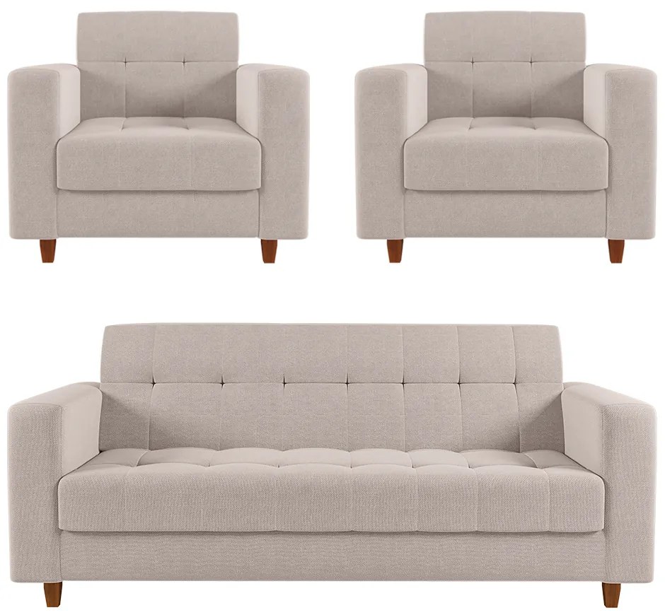 Kit 01 Sofá 3 Lugares e 02 Poltronas Arezzo Linho Pés Chanfrado Castanho - D'Rossi - A19 Bege