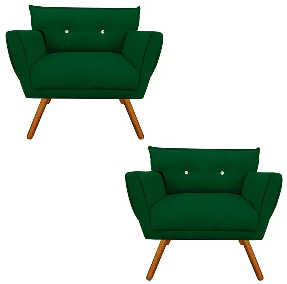 Kit 2 Poltronas Anitta com Strass Suede Verde Pés Palito Castanho - D'Rossi