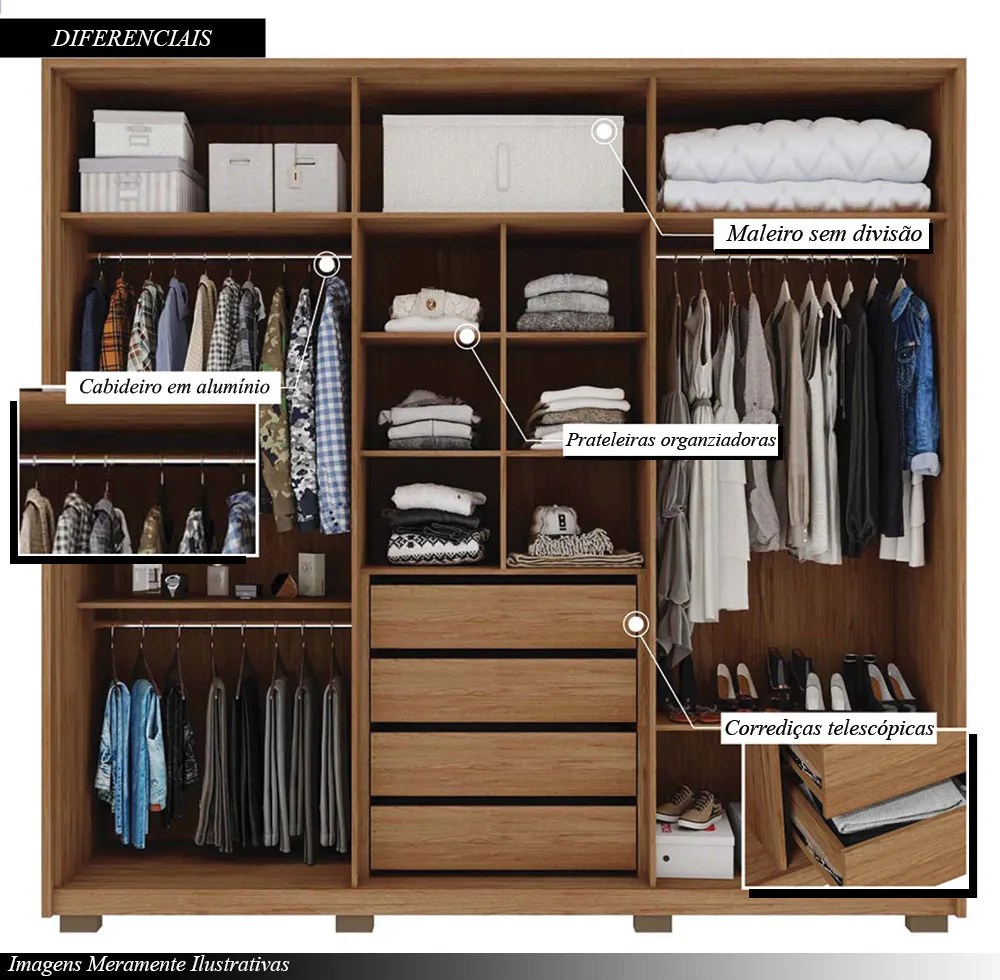 Guarda Roupa Casal Nilus 6 Portas com 2 Espelhos 4 Gavetas Ripado MDP Buriti/Fendi G11 - Gran Belo