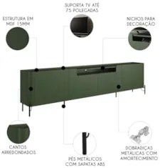 Rack TV 75 Pol 220cm 4 Portas Lisas Blen Musgo/Preto I06 - Mpozenato
