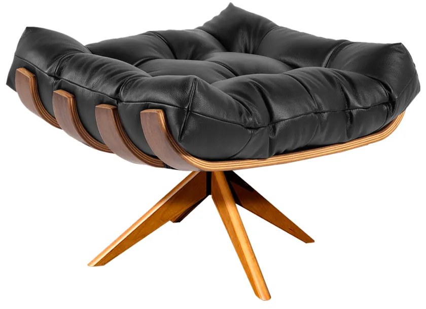 Poltrona com Puff Giratório Costela Couro Preto Base de Madeira MA30 M11 - D'Rossi