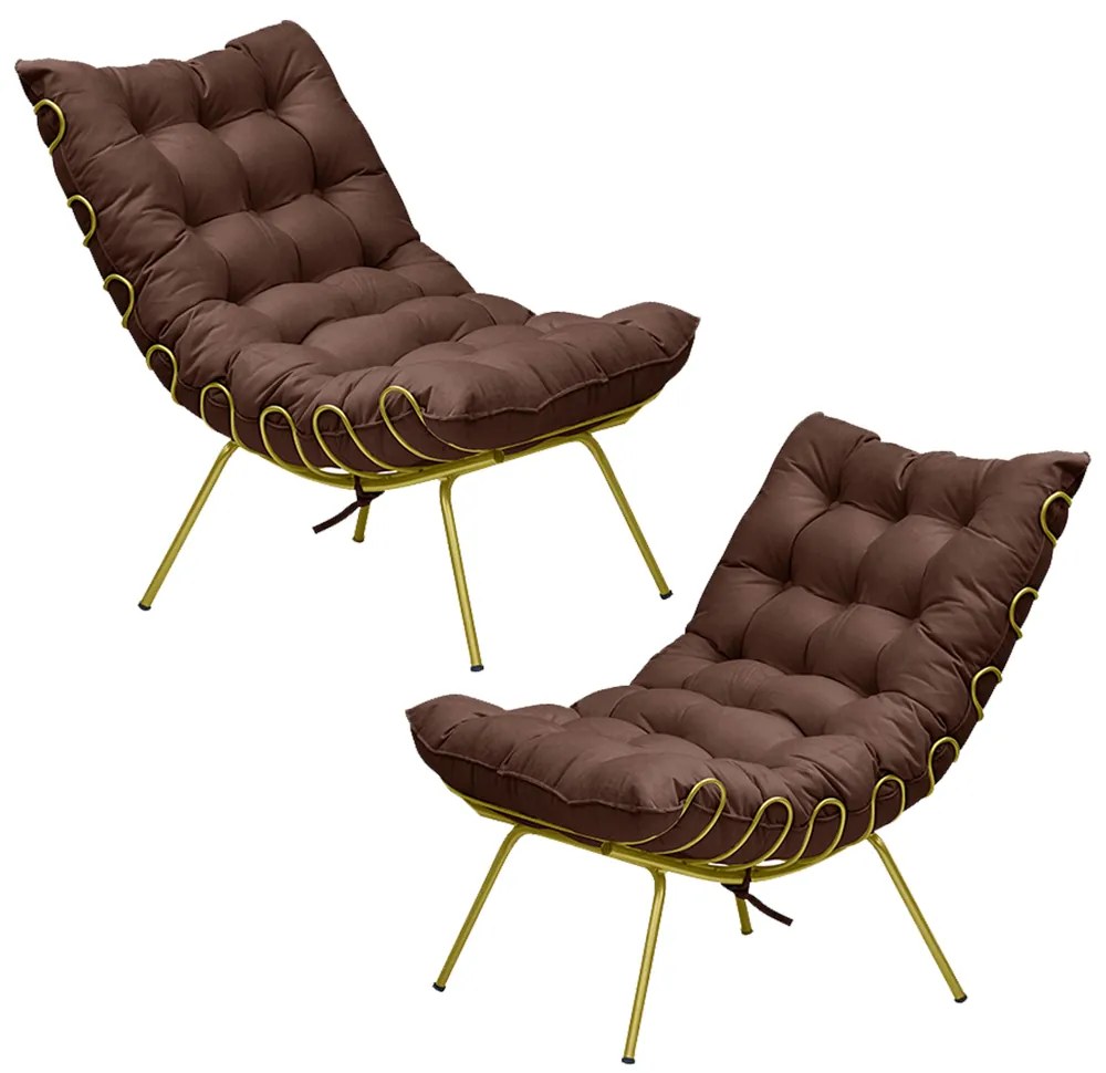 Kit 2 Poltronas Decorativas Sala de Estar Abel Base de Ferro Dourada Suede Chocolate G41 - Gran Belo
