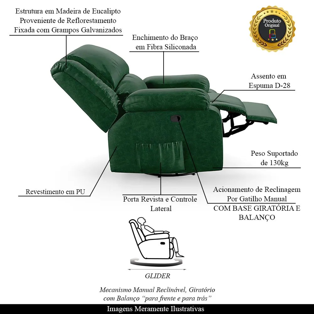 Poltrona do Papai Reclinável Sala de Cinema Madrid Glider Manual Giratória PU Verde Musgo G23 - Gran Belo
