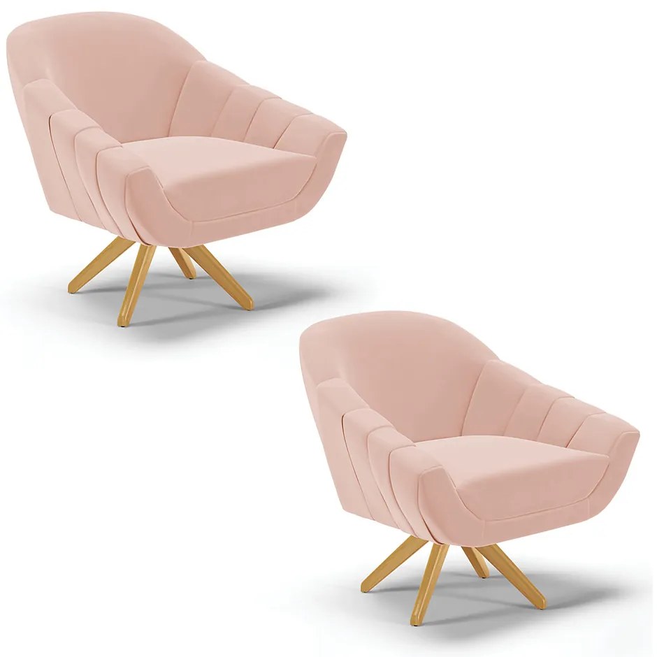 Kit 02 Poltronas Giratória Giovana Veludo Base Madeira MA30 D03 - D'Rossi - Rose