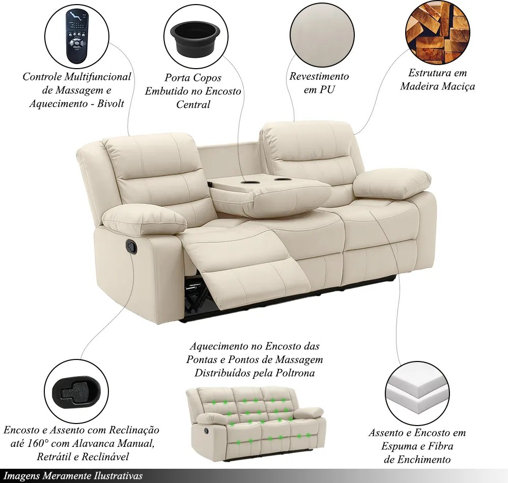Conjunto de Poltronas 2 e 3 Lugares Sala de Estar Reclinável Hollywood Manual Aquecimento Massagem Porta Copos PU Bege G94 - Gran Belo