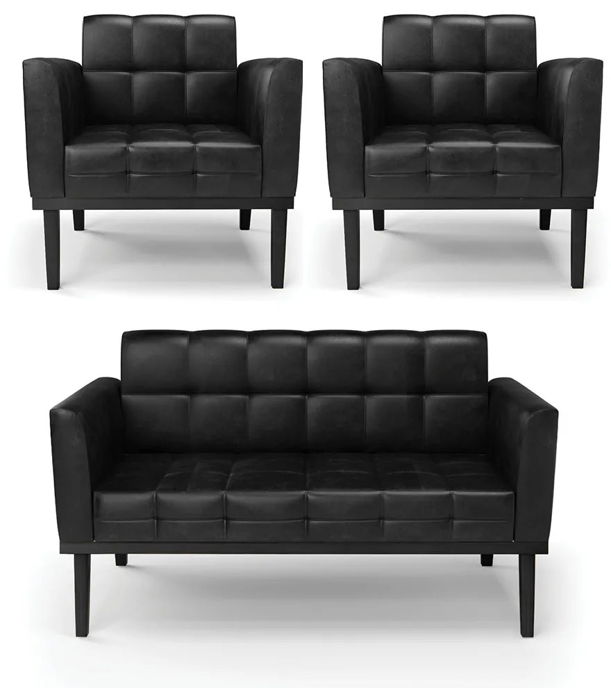 Conjunto 2 Poltronas e 1 Namoradeira Decorativa Karen Pés Fixo em Madeira PU Preto Brilho G19 - Gran Belo