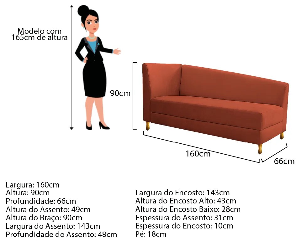 Recamier Valéria 160cm Lado Direito Suede Terracota - ADJ Decor