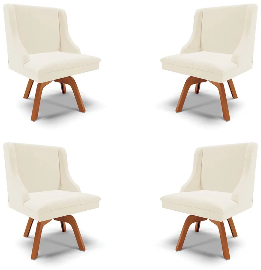 Kit 4 Cadeiras Decorativas Sala de Jantar Base Giratória de Madeira Firenze Veludo Bege/Natural G19 - Gran Belo
