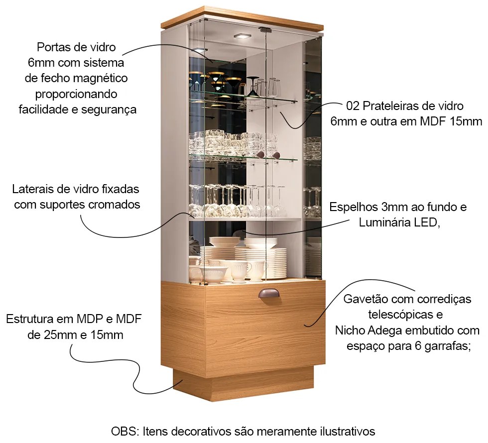 Cristaleira com Adega Decorativa Aura Cinamomo/Off White G26 - HB Móveis