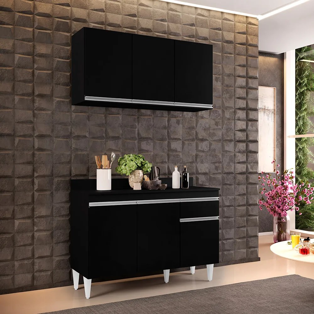 Kit Armário Aéreo e Balcão de Cozinha Lavanderia Lucy com Tampo 120 cm - D'Rossi - Preto