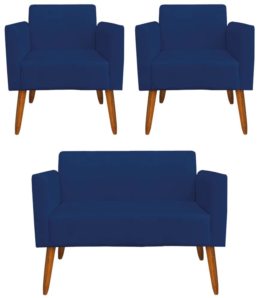 Conjunto Namoradeira e 2 Poltronas Decorativas Isabella Pés Palito Madeira Suede Azul Marinho G19 - Gran Belo
