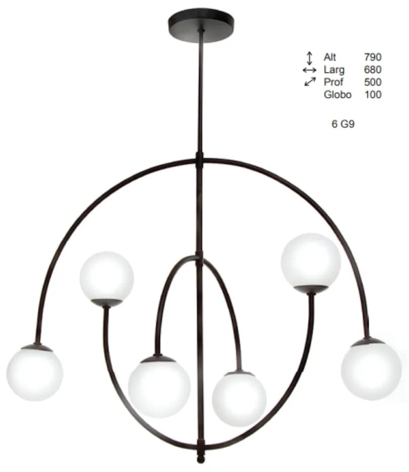Plafon Mixed Curvo Haste Fixa 50X68X79Cm Globo Ø10Cm 6Xg9 - Old Artisa... (PRETO / COBRE BRILHO, FOSCO (Branco))
