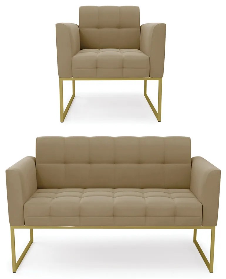 Kit 1 Sofá Namoradeira e 1 Poltrona Elisa Suede Base Metálica Industrial Dourado - D'Rossi - Marrom Rato