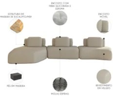 Sofá Ilha Com Chaise 449cm Living Moby Veludo Bege Z08 - Mpozenato