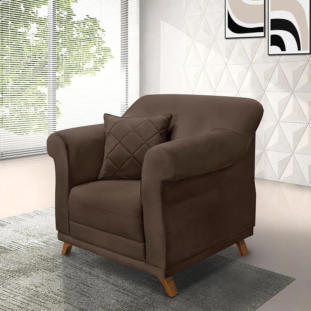 Poltrona Decorativa com 1 Almofada Armstrong Veludo Marrom G63 - Gran Belo