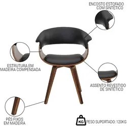 Cadeira de Jantar Moderna Base Madeira Fixa Betani R02 Sintético Preto