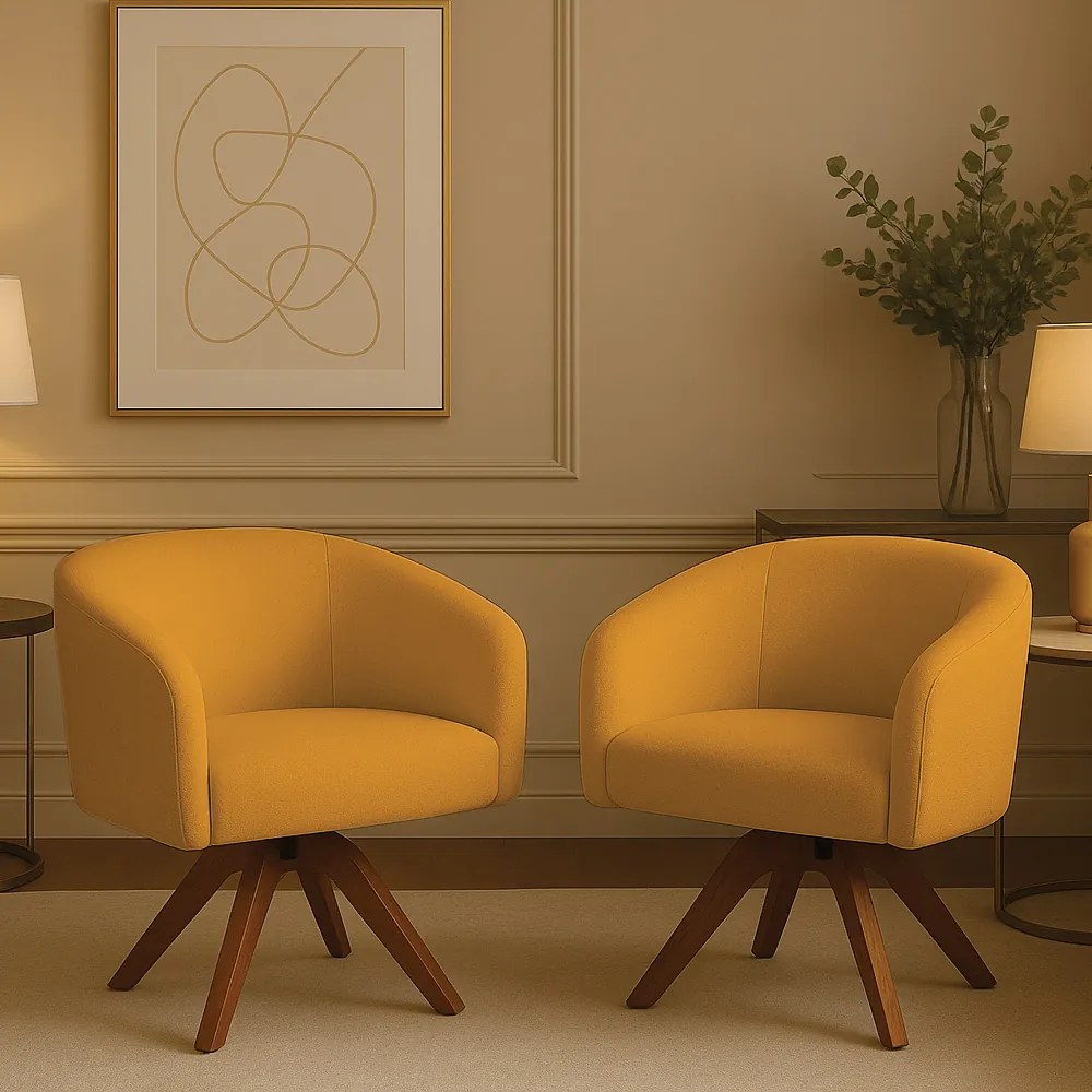 Poltrona Sala Base Giratória Madeira Kit 2 Arielle Bouclê Mostarda D03 - D'Rossi